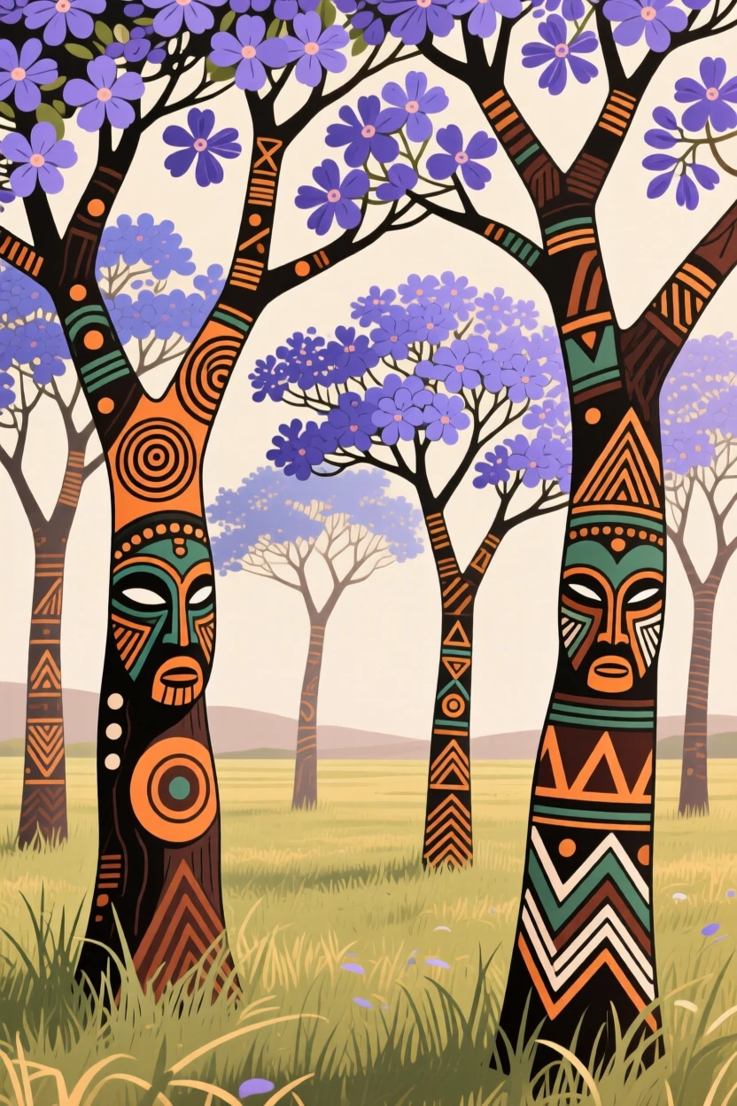 A grove of flowering jacaranda trees standing tall over the surrounding grassland.