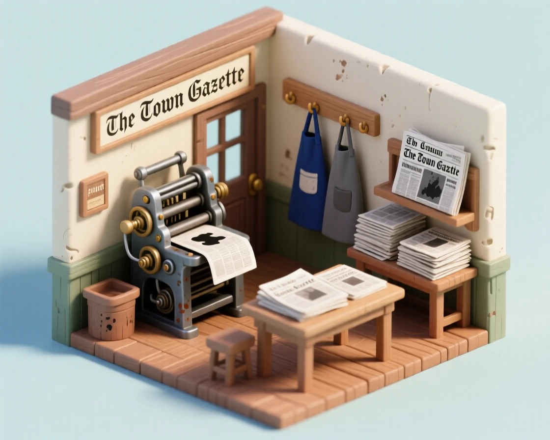 A cozy small-town print shop with an old printing press clacking, stacks of newspapers, and ink-stained aprons hanging by the door.