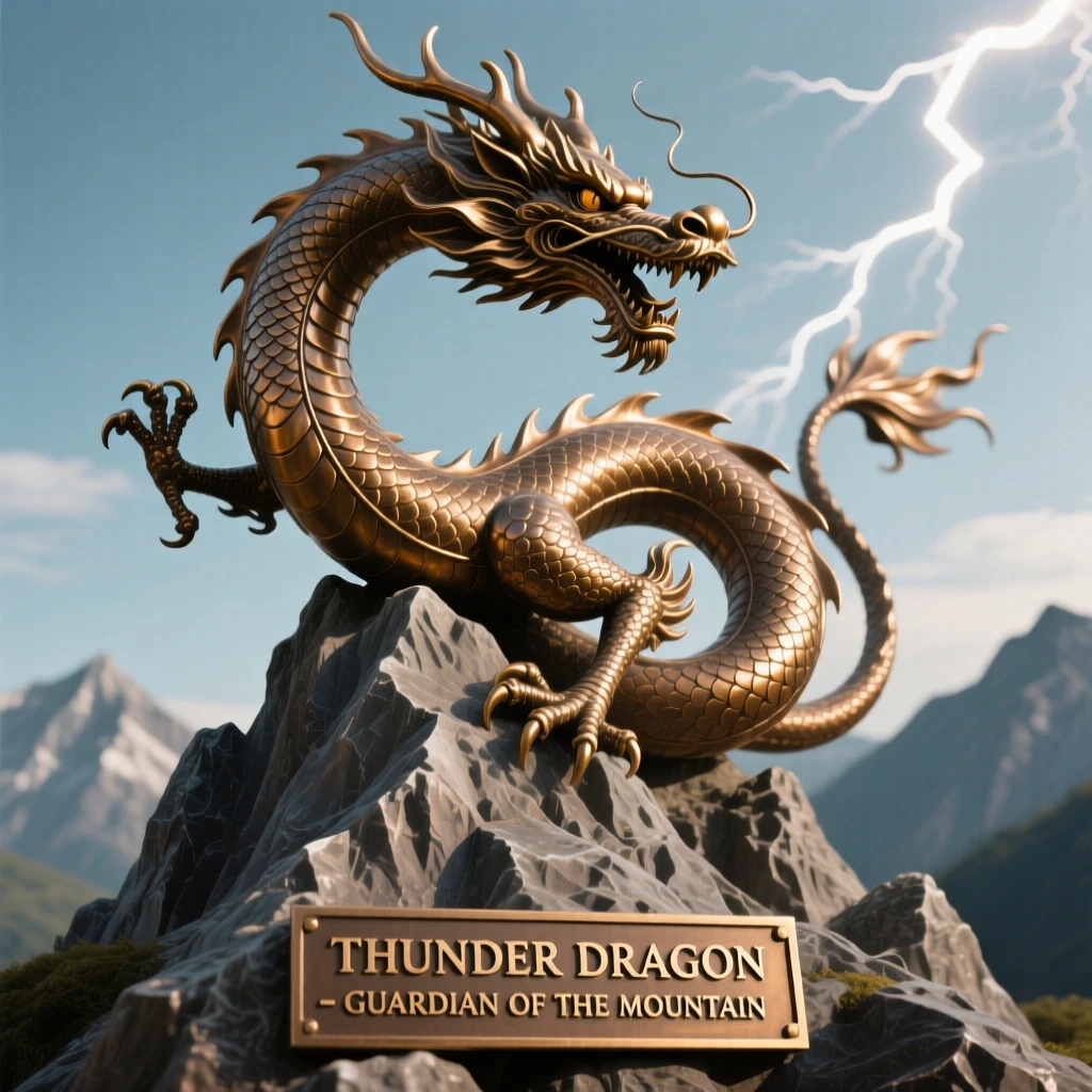 A thunder dragon coiling above a mountain peak, captured in a powerful, dynamic pose, radiating awe and grandeur