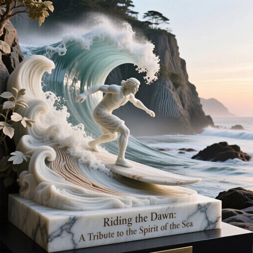 A vivid, emotionally rich scene of a surfer riding a towering wave at dawn, framed by dramatic natural scenery, designed to captivate and inspire