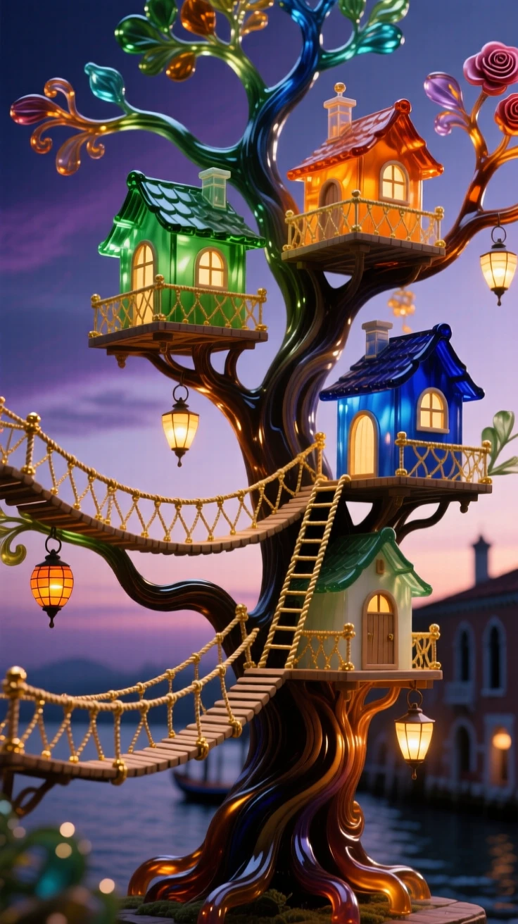 A treehouse village connected by rope bridges glowing with lantern light at dusk, whimsical and cozy.