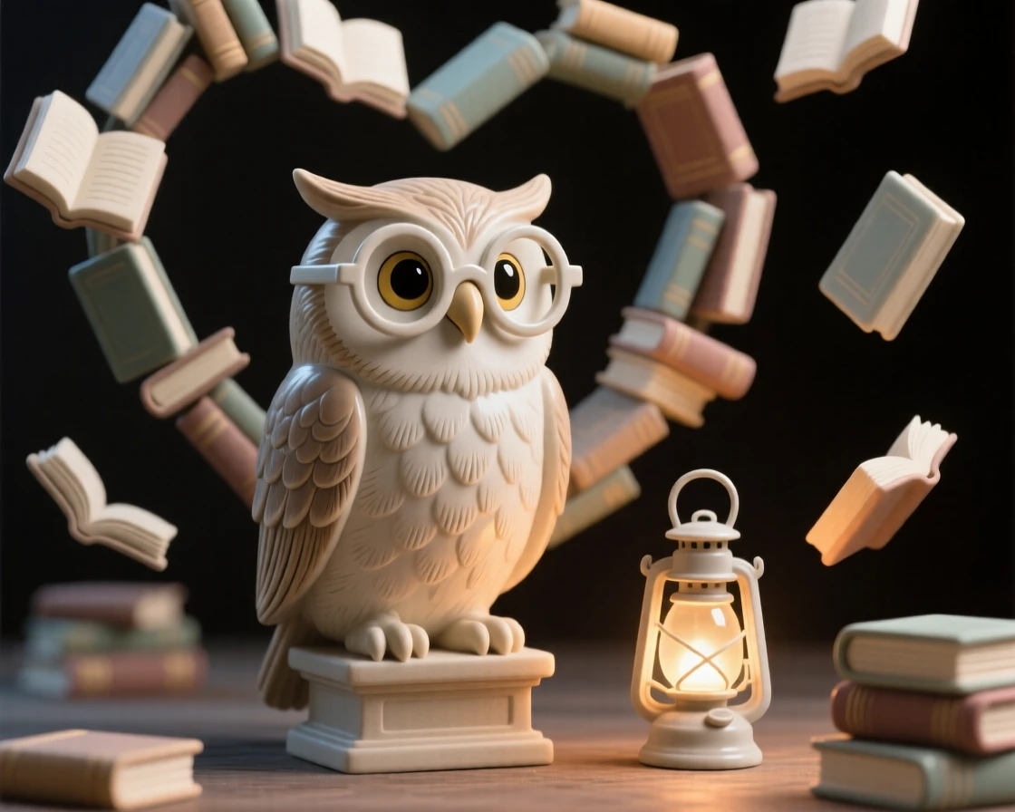 An owl librarian surrounded by tiny floating books gathered together in a heartwarming tableau, with warm lantern light glowing softly nearby, evoking childlike wonder and gentle humor.