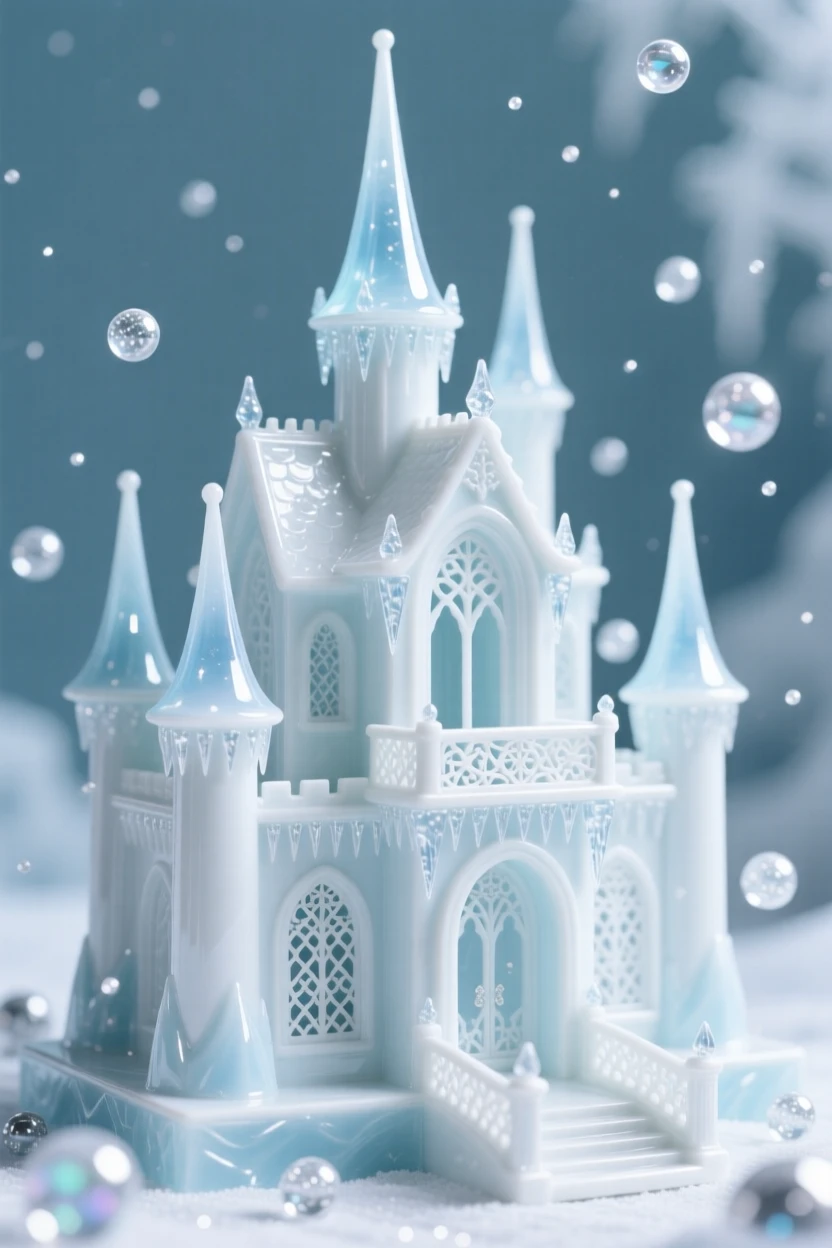 A magical frozen palace built of glittering ice, sparkling motes of light drifting through the air.