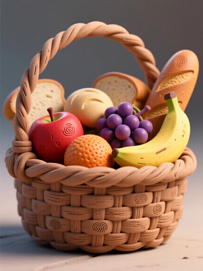 A woven picnic basket overflowing with fruit and fresh bread