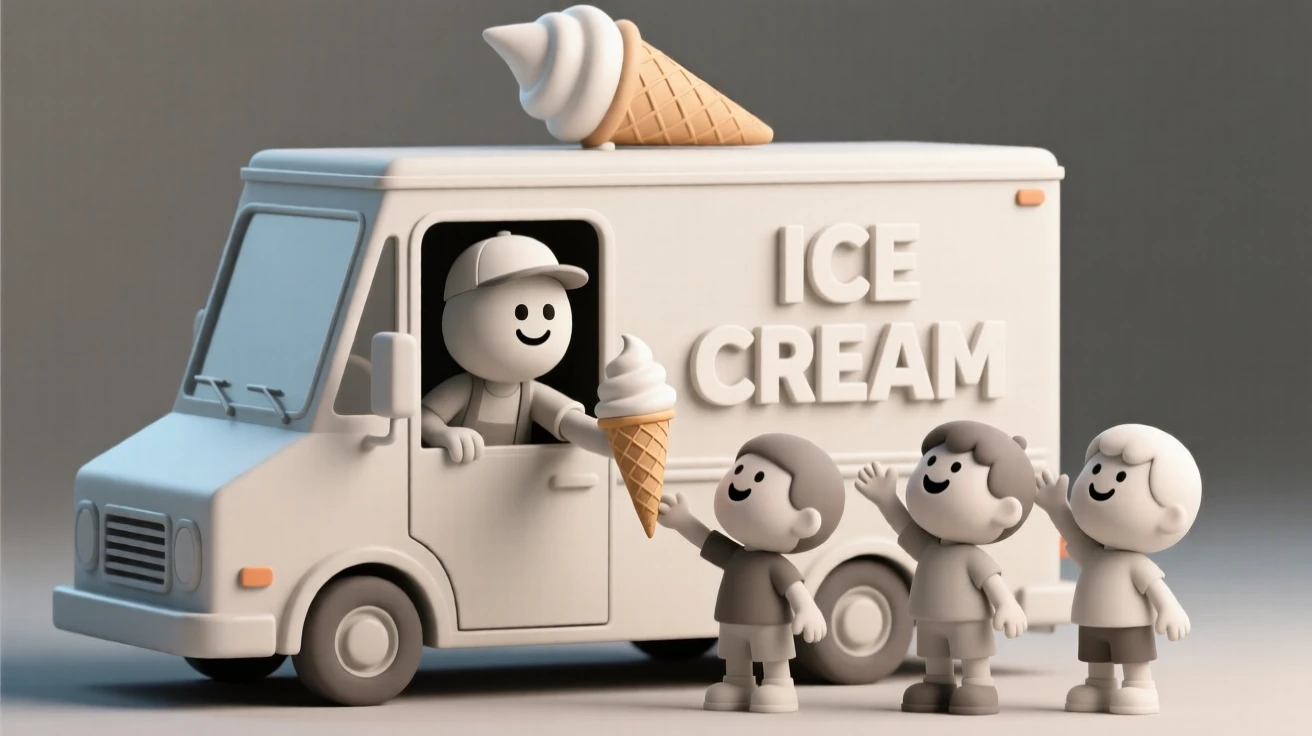 A cheerful ice cream truck driver leans out the window, handing a cone to an excited group of kids.