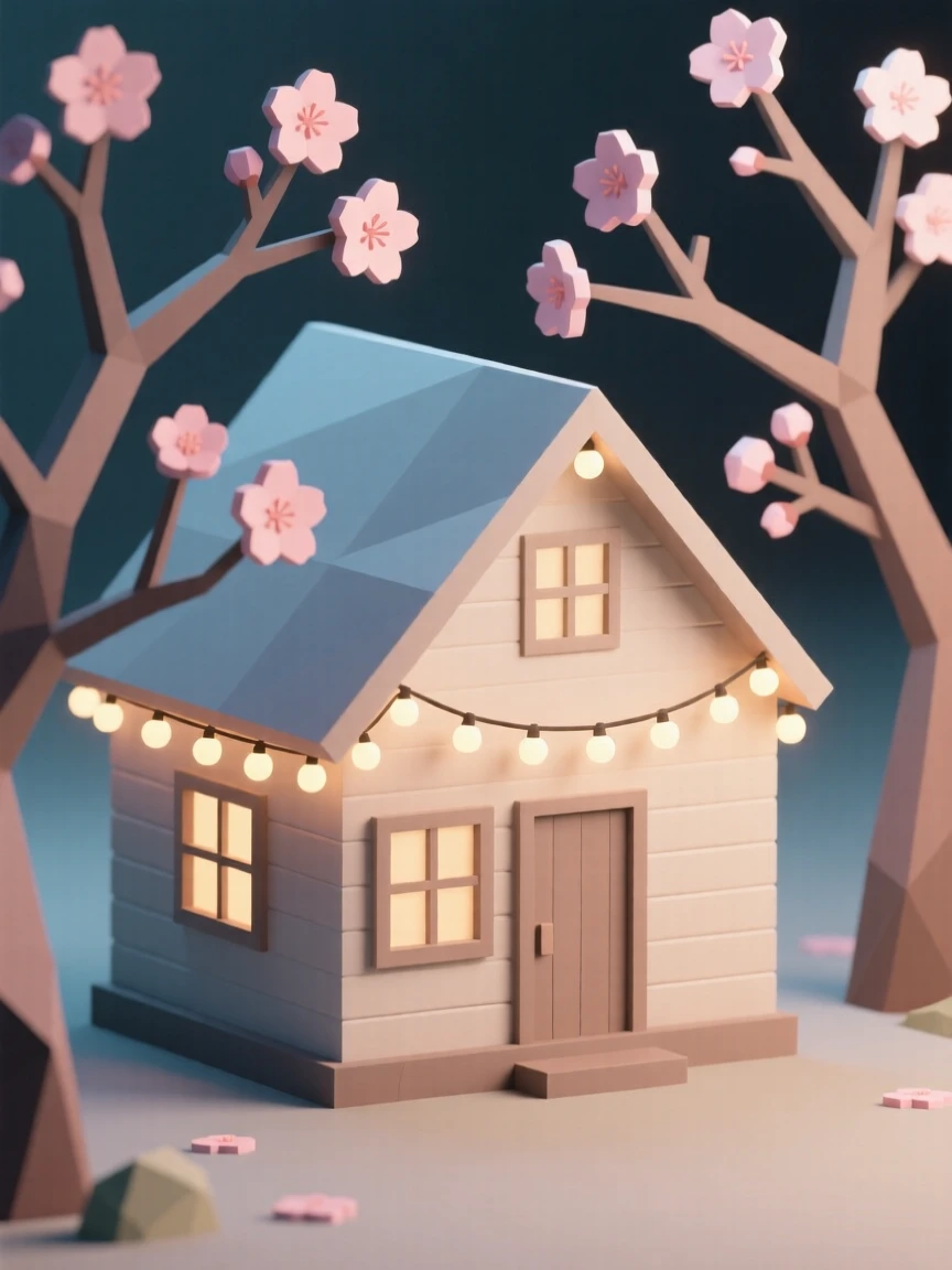 A cozy cabin glowing with warm holiday lights, beneath blooming cherry blossoms. the composition centers on the main celebratory focal point. The mood feels cozy and nostalgic.