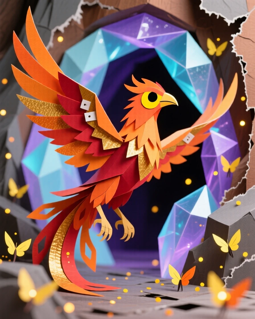 A phoenix in mid-flight guarding a hidden crystal cave, with glowing particles floating like fireflies, capturing epic scale and wonder.