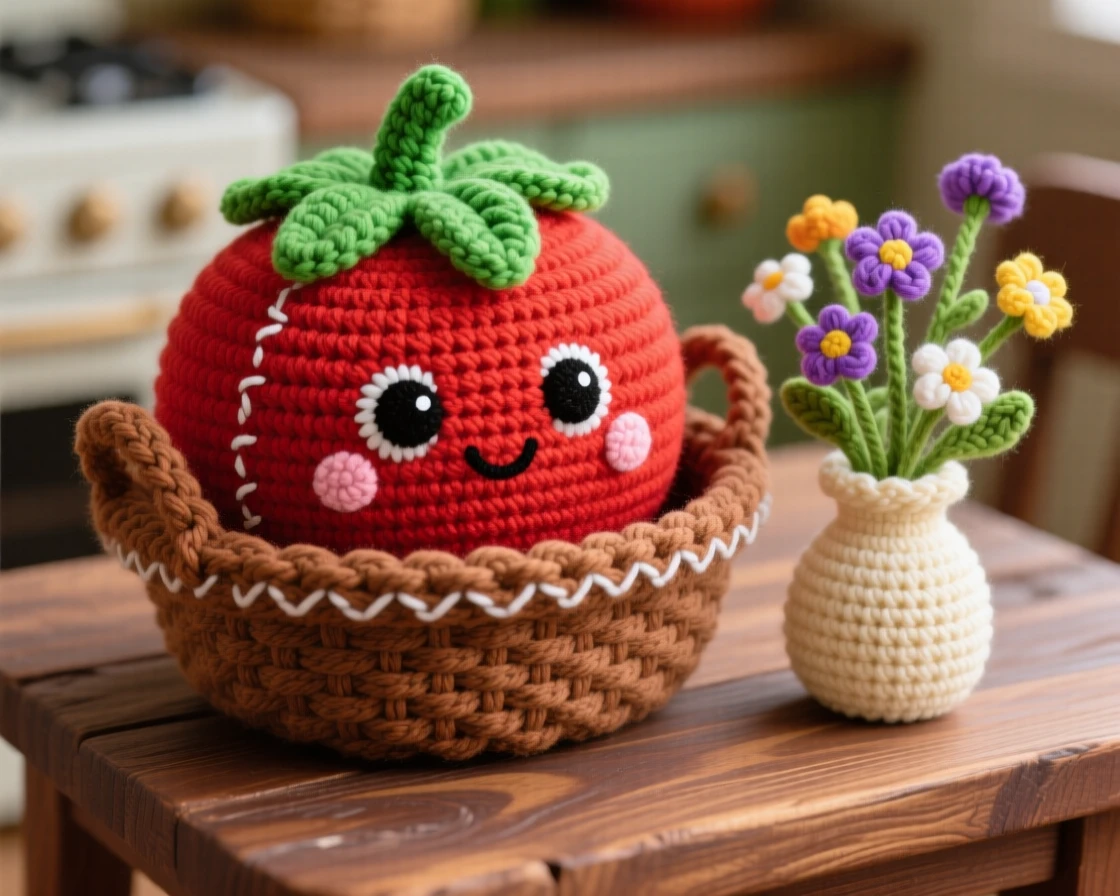a round tomato character, with a glossy red skin and green cap, resting in a garden harvest basket, displayed in a rustic wooden kitchen table, with a small vase of wildflowers on the table, radiating bright, appetizing cheerfulness.