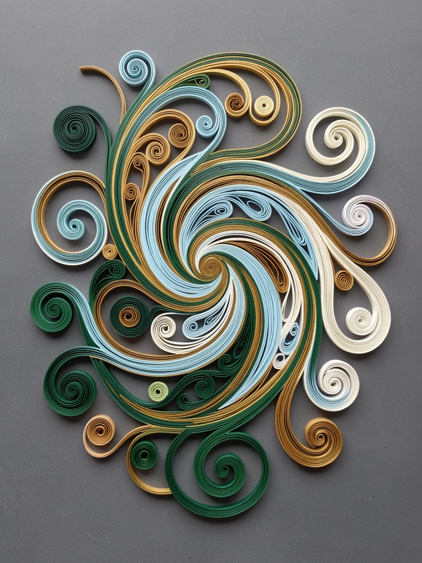 a swirling Art Nouveau vine pattern, centered on a soft charcoal grey surface, spiraling outward in a hypnotic rhythm, with fine hair-thin linework throughout.