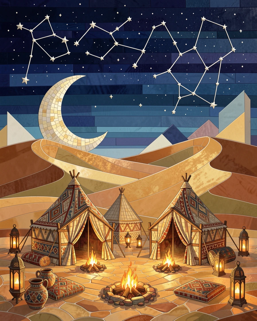 A breathtaking wide-angle view of a starlit desert camp beneath the dunes of the Sahara, with rich warm lighting and fine architectural detail.