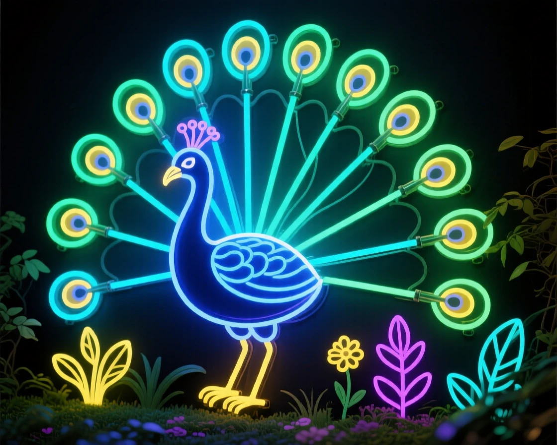 A peacock displaying its full feathered tail in a garden.