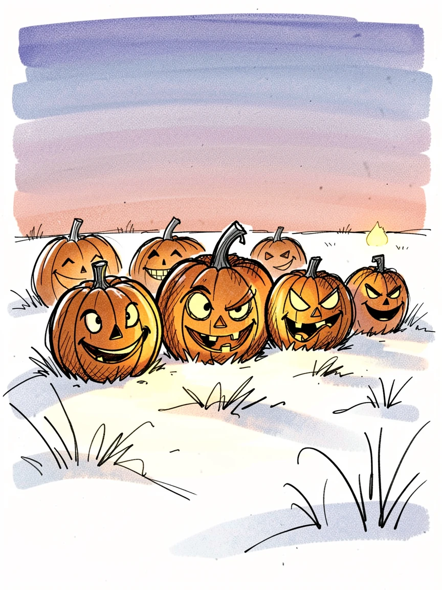 A row of carved pumpkins glowing at dusk in a meadow covered in fresh snow.