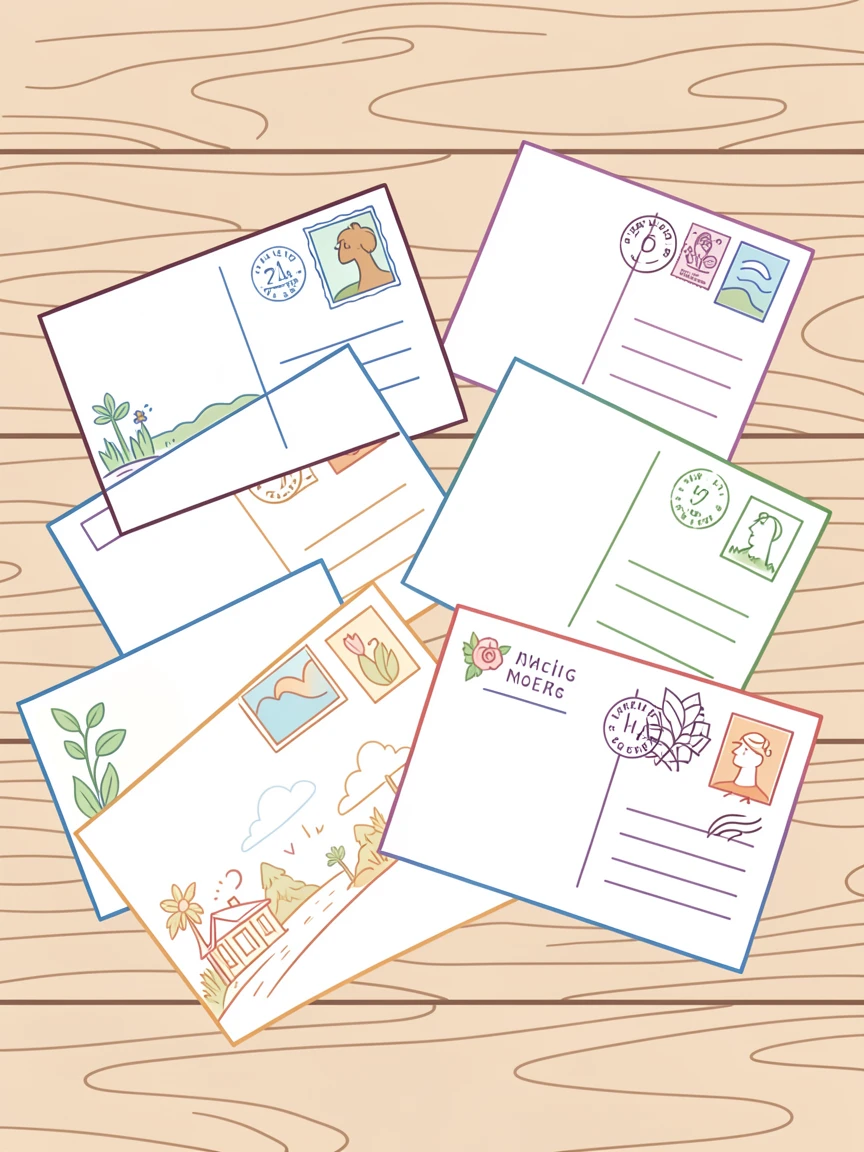 A collection of vintage postcards spread across a wooden desk.