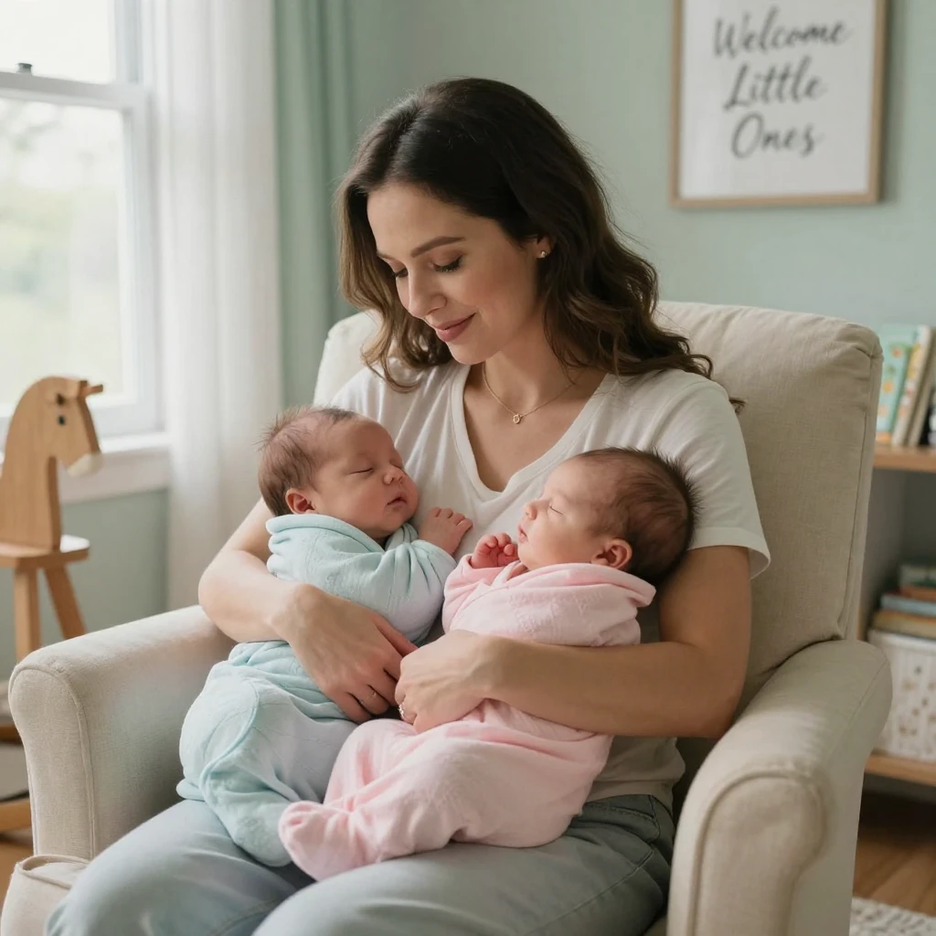 A quiet moment between a mother and her newborn twins