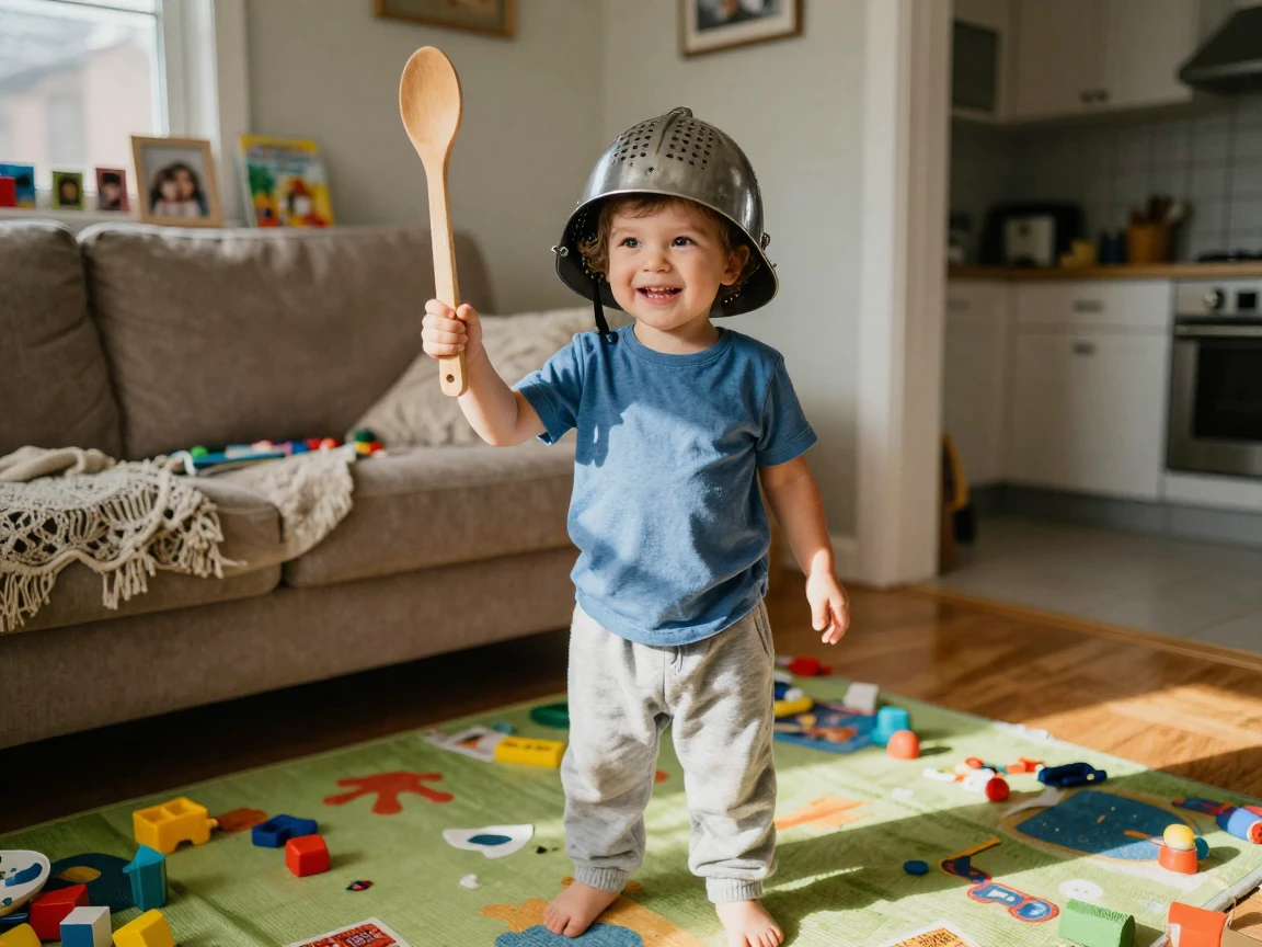 A toddler wears a colander as a helmet and declares himself a knight.
