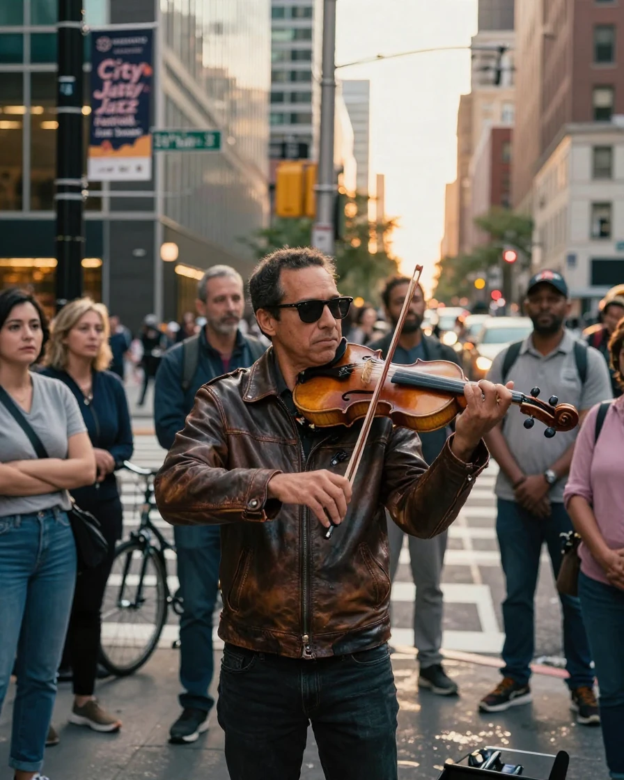 A blind musician playing violin on a busy city corner, a small crowd gathered around him