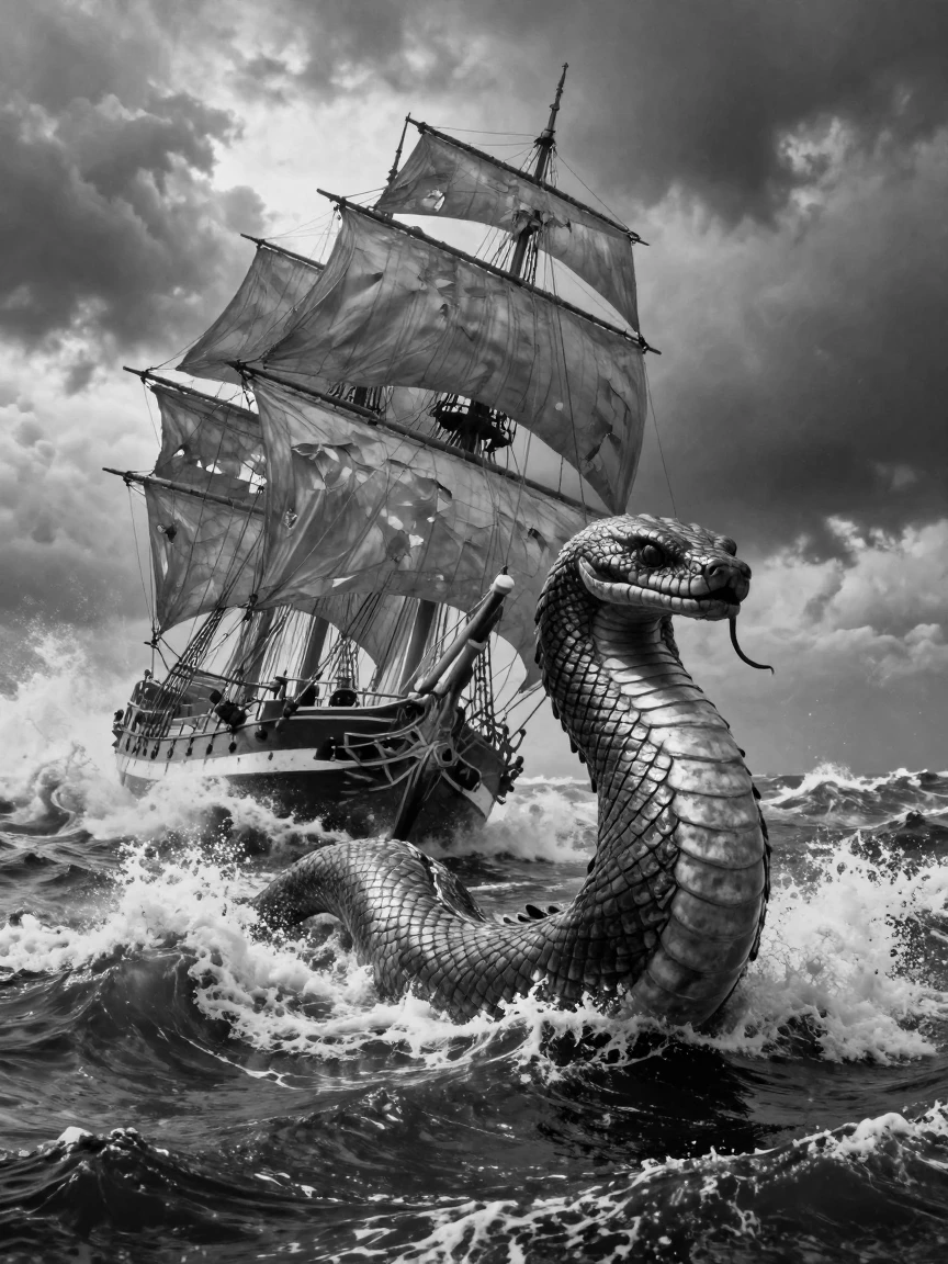 An ancient sea serpent surfaces beside a storm-tossed ship beneath towering black waves.