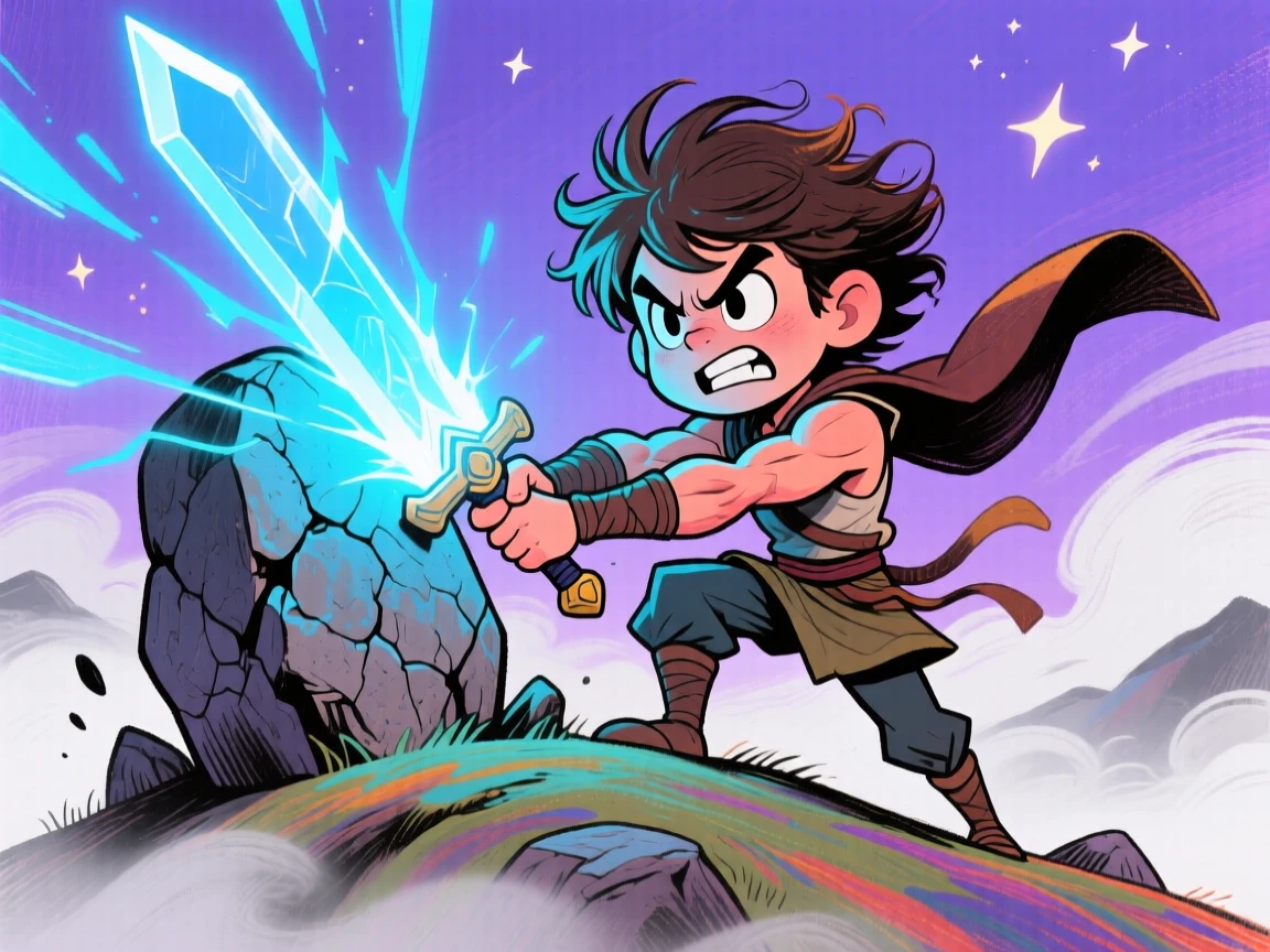 A young hero pulling a glowing sword from a stone atop a misty hill.