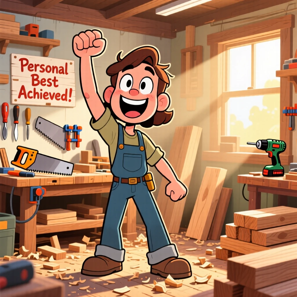 An everyday-life snapshot of a weekend woodworker, celebrating a personal best with a fist pump, in a cozy sunlit workshop.