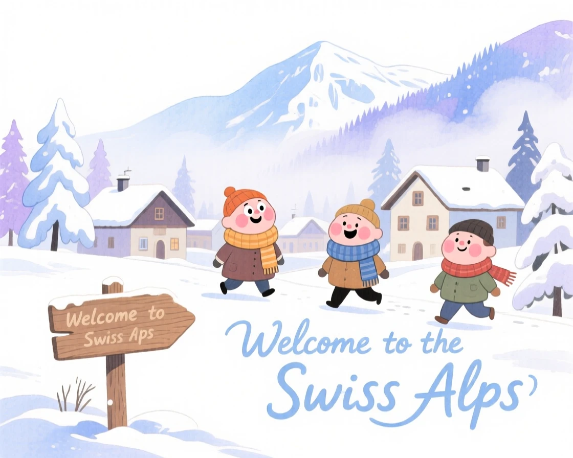 A dreamy travel postcard scene of a mountain village in the Swiss Alps blanketed in snow wrapped in gentle morning mist