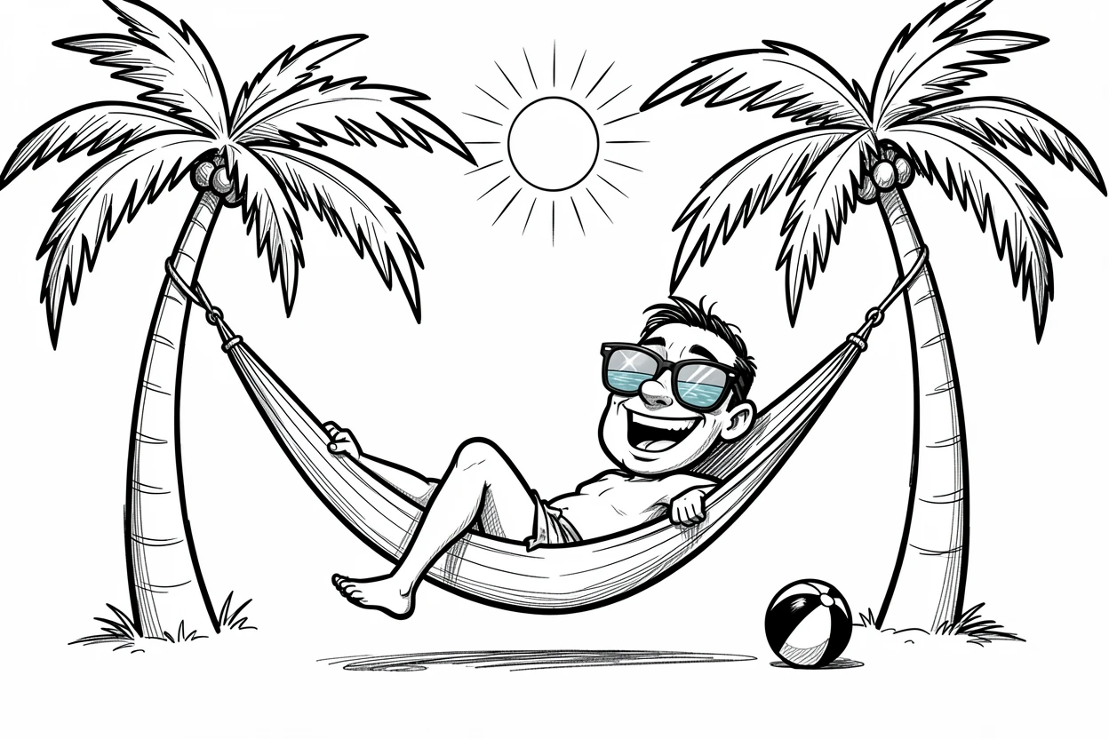 [Trending & Universal Topics] Modern lifestyle scene of a beach lover relaxing in a hammock between two palm trees, capturing everyday joy