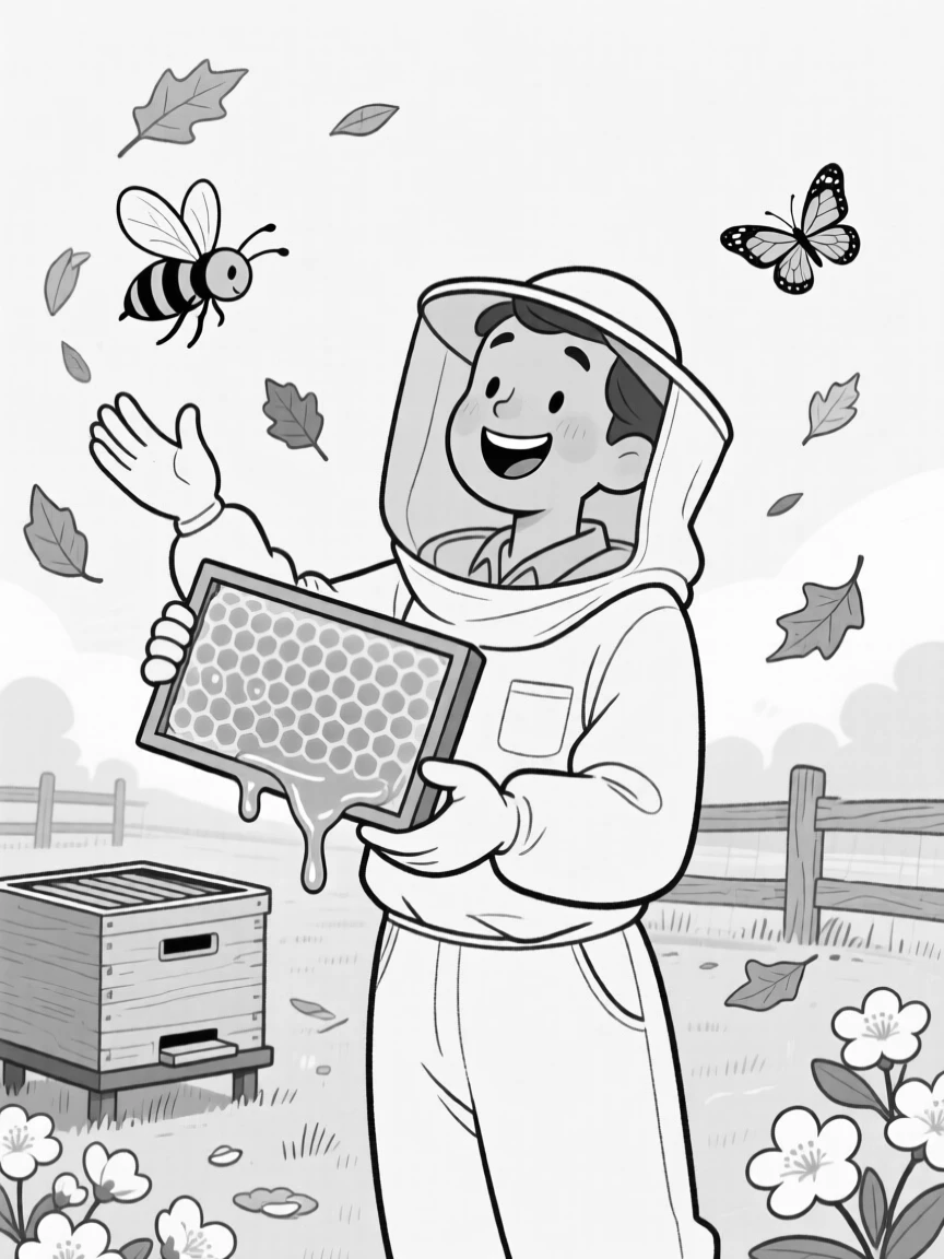 A beekeeper gently cradling a frame dripping with honey, flinging leaves joyfully into the air with both hands, set in a sunny farmyard coop. Butterflies drift lazily between the blossoms. The scene celebrates nature's simple, joyful surprises.
