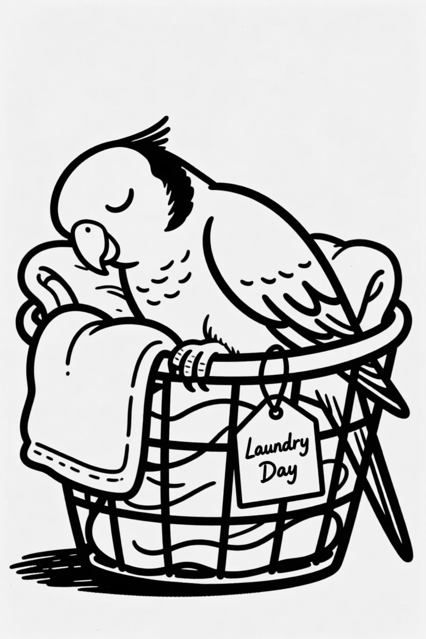 A parakeet napping in a laundry basket full of warm clean towels.