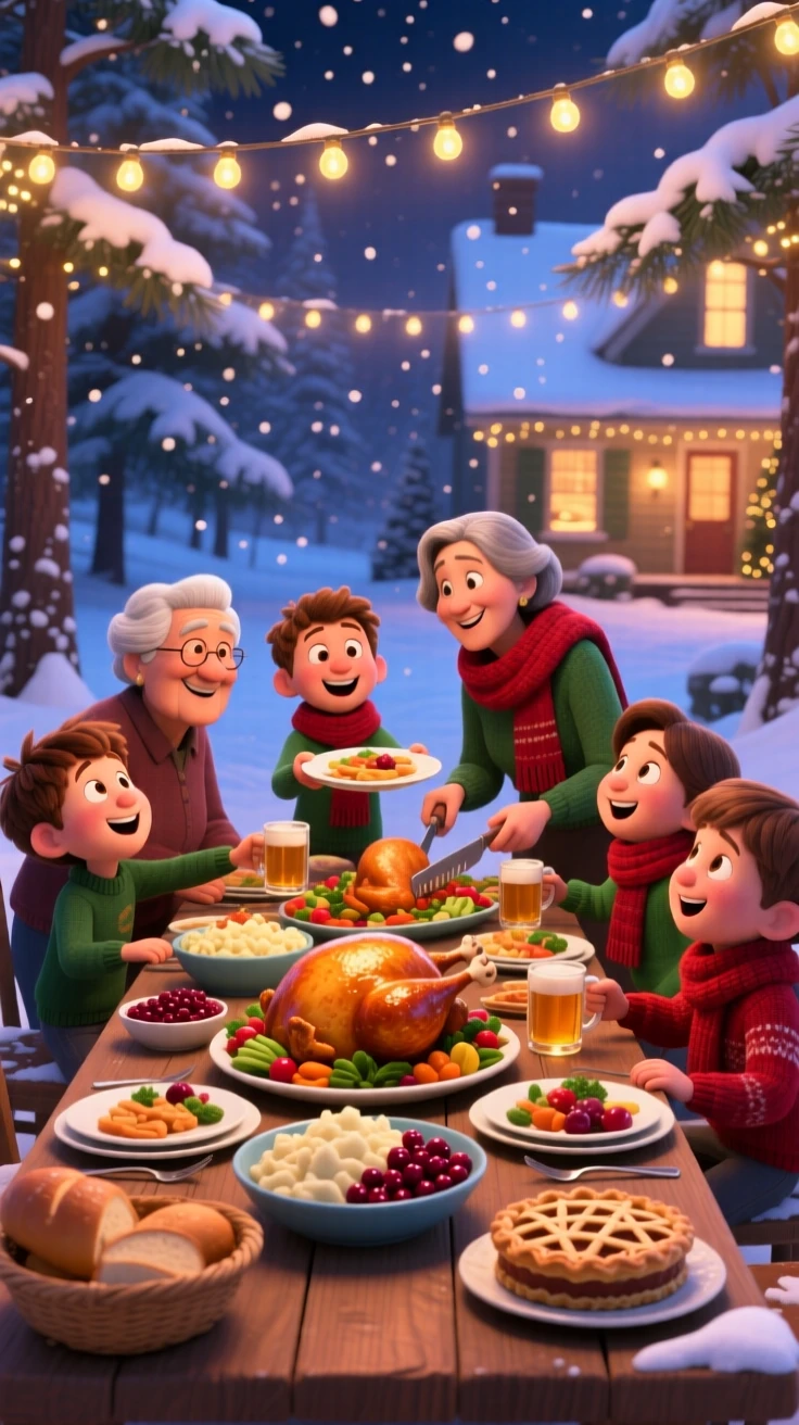 A family sharing a large feast at a long table happens at a long table set with a holiday feast, with soft snow drifting gently down. The mood is joyful, nostalgic, and full of celebration.