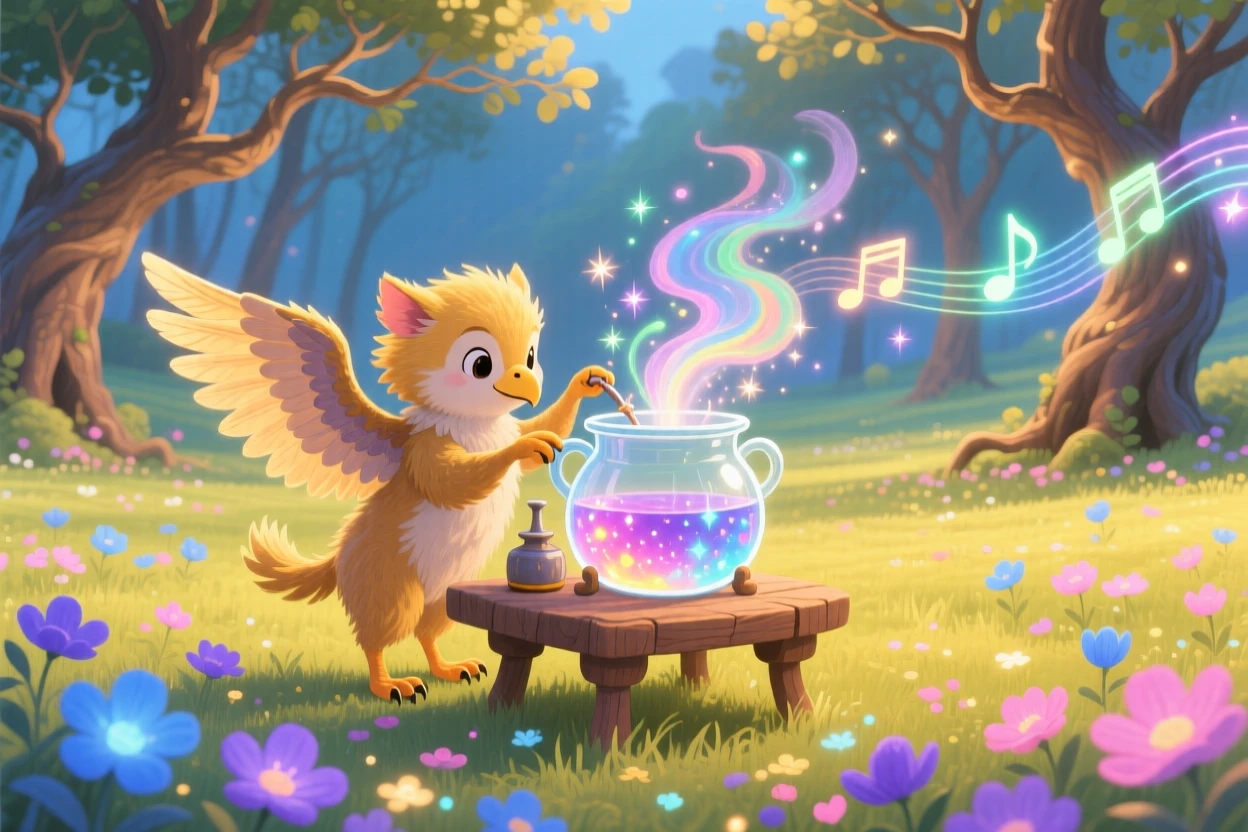 A griffin cub is brewing a shimmering potion in a field of luminous flowers, while gentle music seems to hum from the trees.