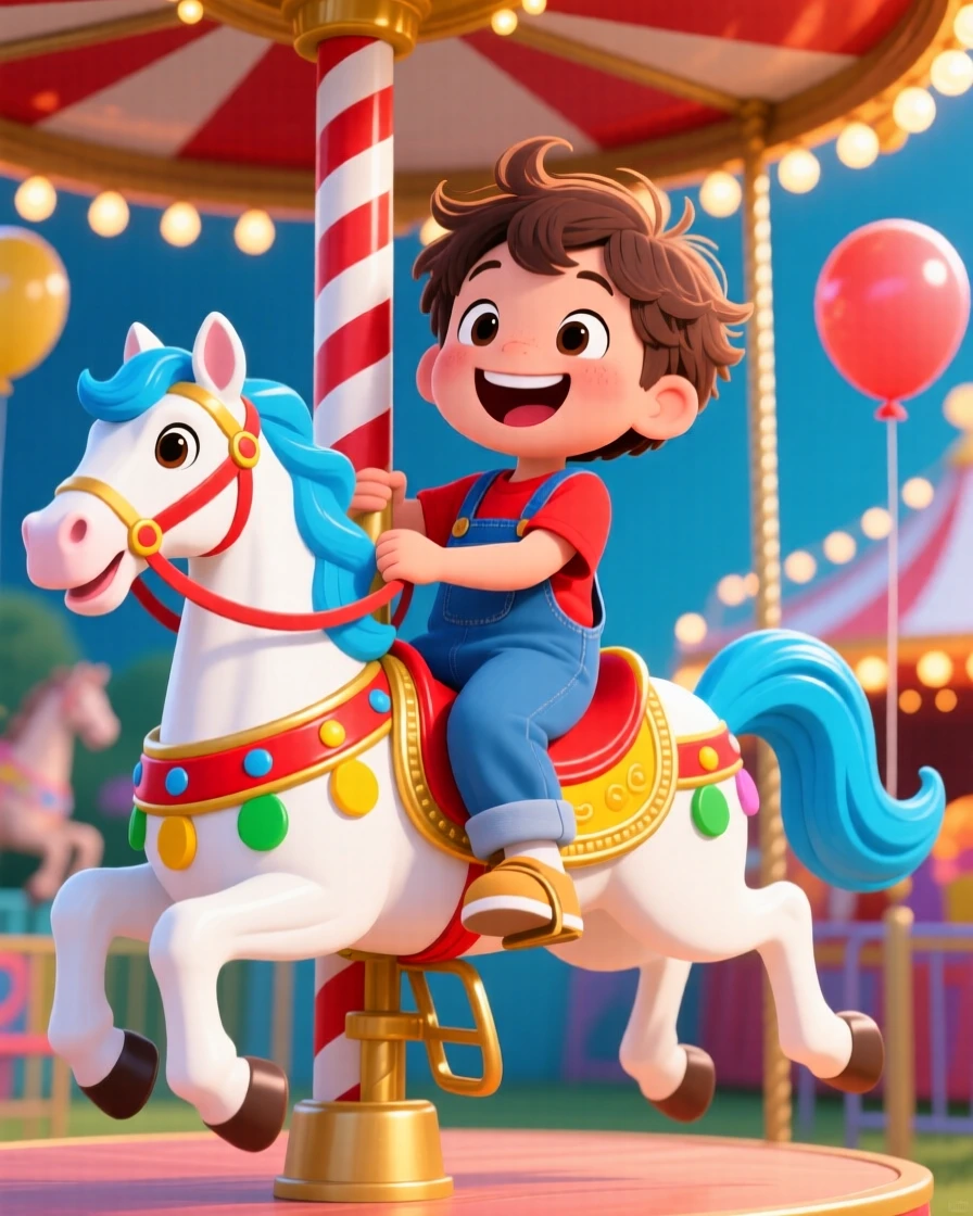 A child riding a carousel horse with a huge smile.
