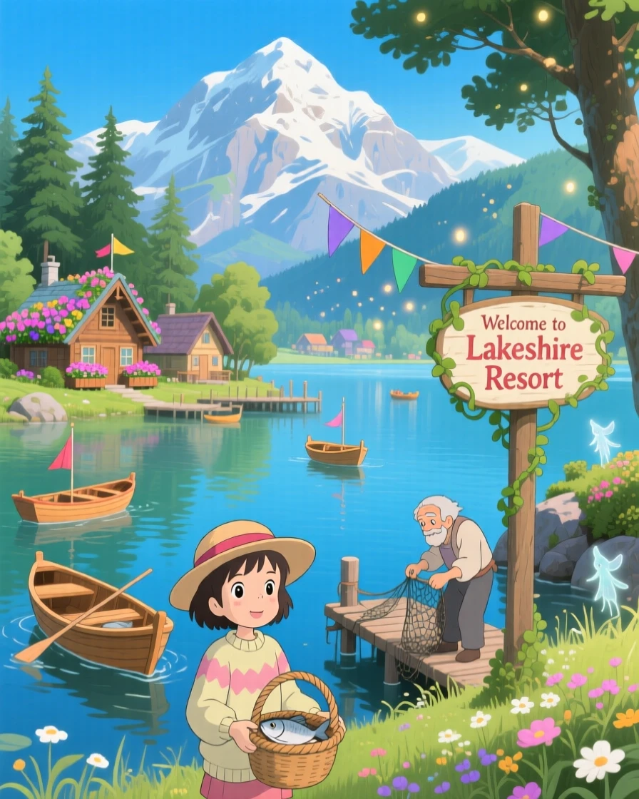 A scenic view of a lakeside resort town backed by snow-capped peaks, as fishing boats bob gently in the harbor.