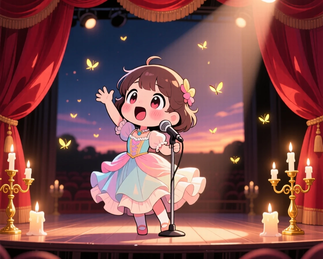 A young opera singer hitting a triumphant high note in a grand velvet-curtained stage as fireflies begin to glow at dusk; gentle candlelight washes over the scene as shy bashfulness fills the moment. Dynamic diagonal composition.