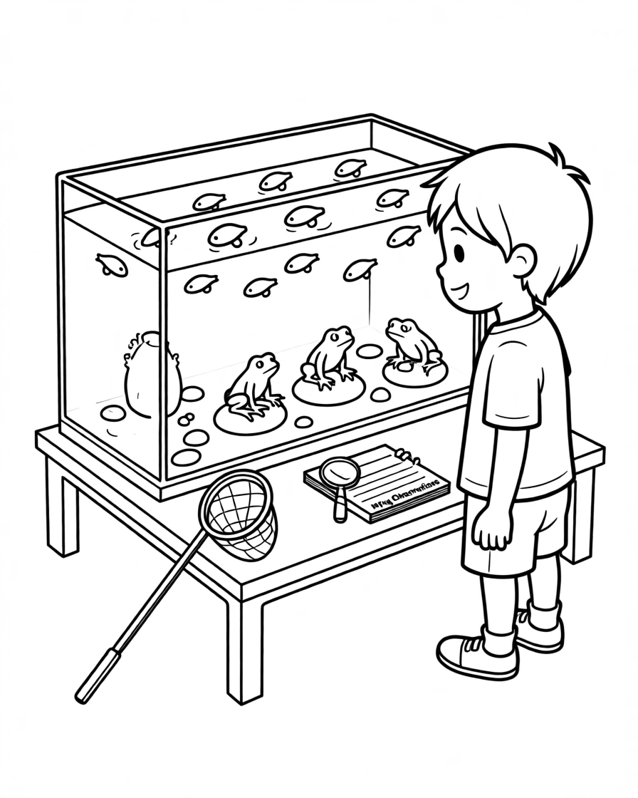 A child observing tadpoles turning into frogs in a tank