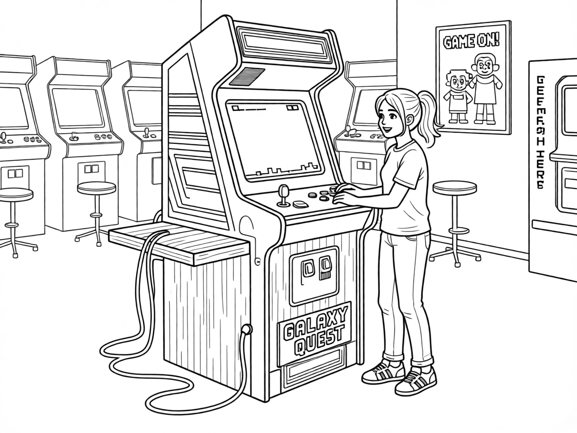 A retro arcade cabinet lit up in a dim arcade hall, with cables neatly arranged along the desk.