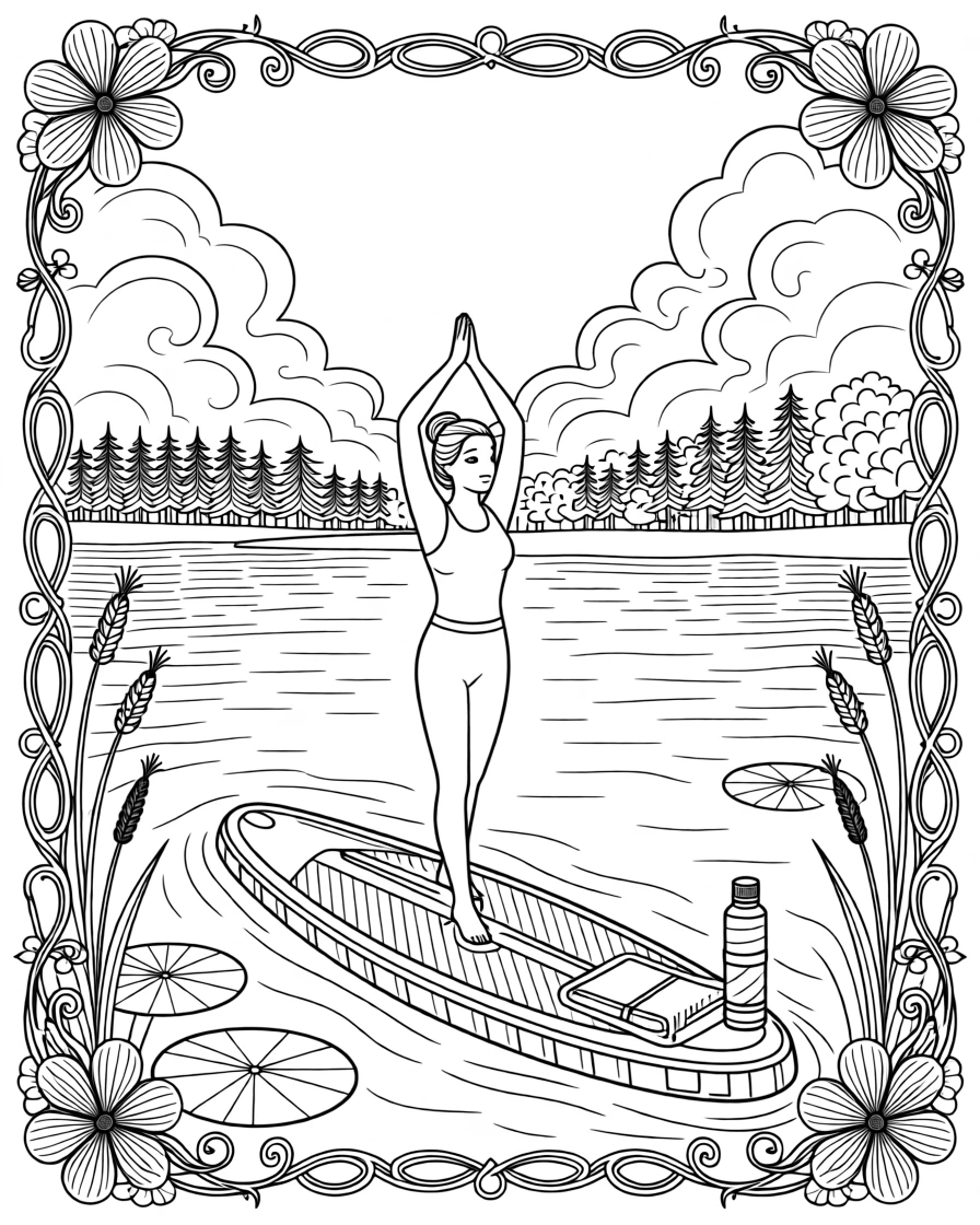 A person practicing yoga on a paddleboard on a still lake.