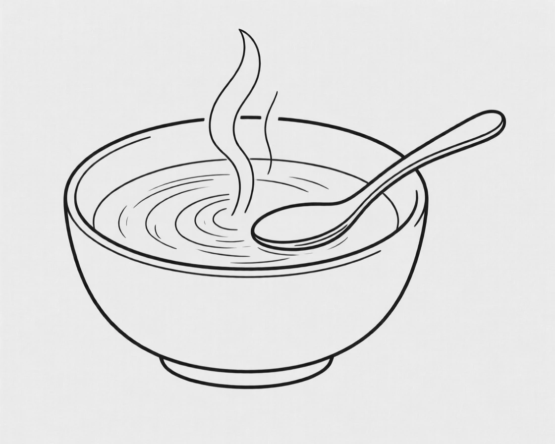 A bowl of steaming soup with a spoon resting on the side