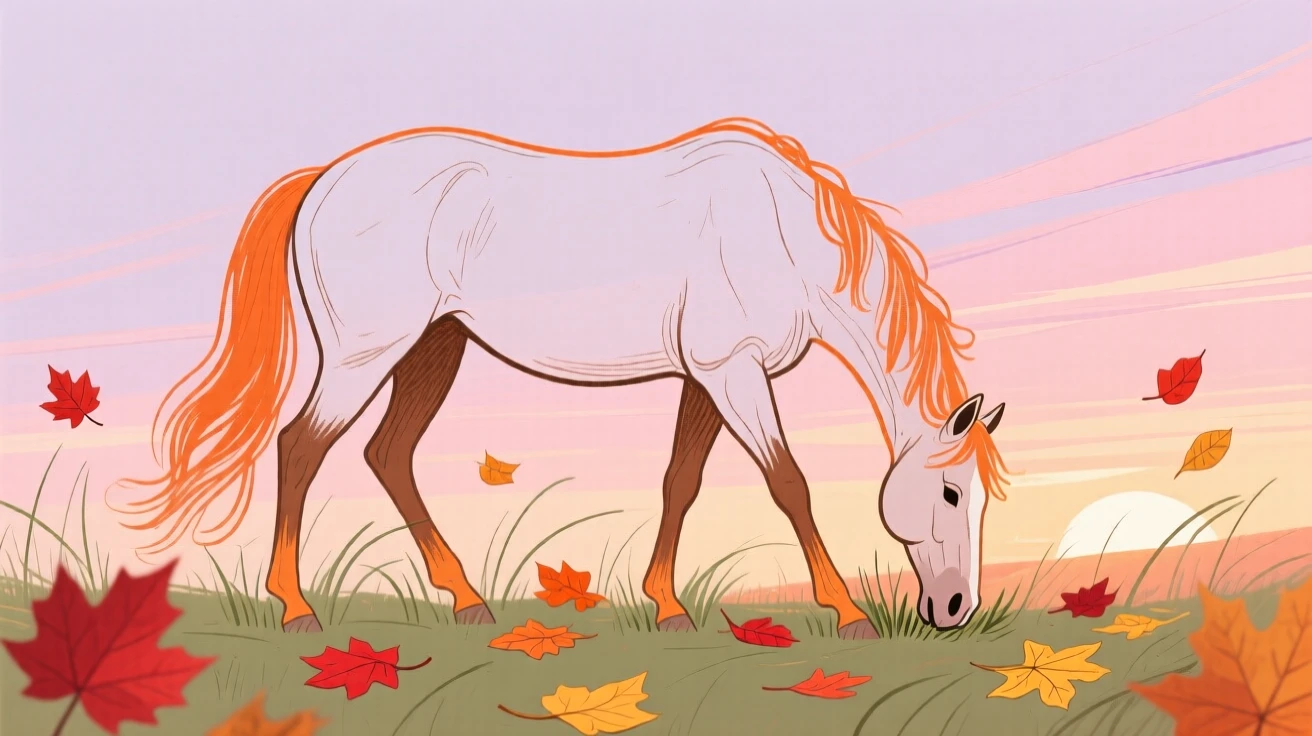 A grazing horse wandering among autumn leaves at sunset.