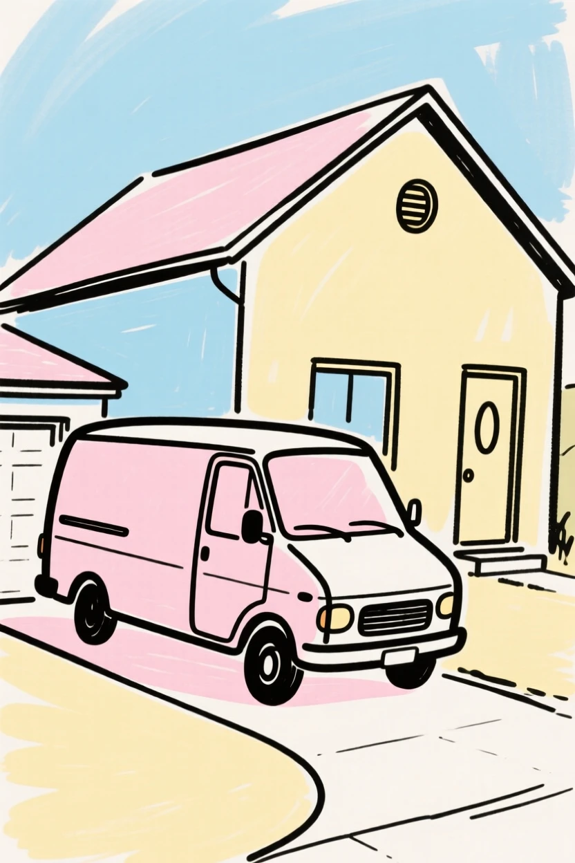 A moving van parked outside a house