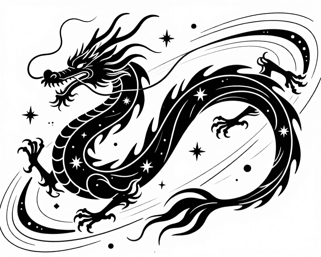 A celestial dragon made of stars weaving through a galaxy.