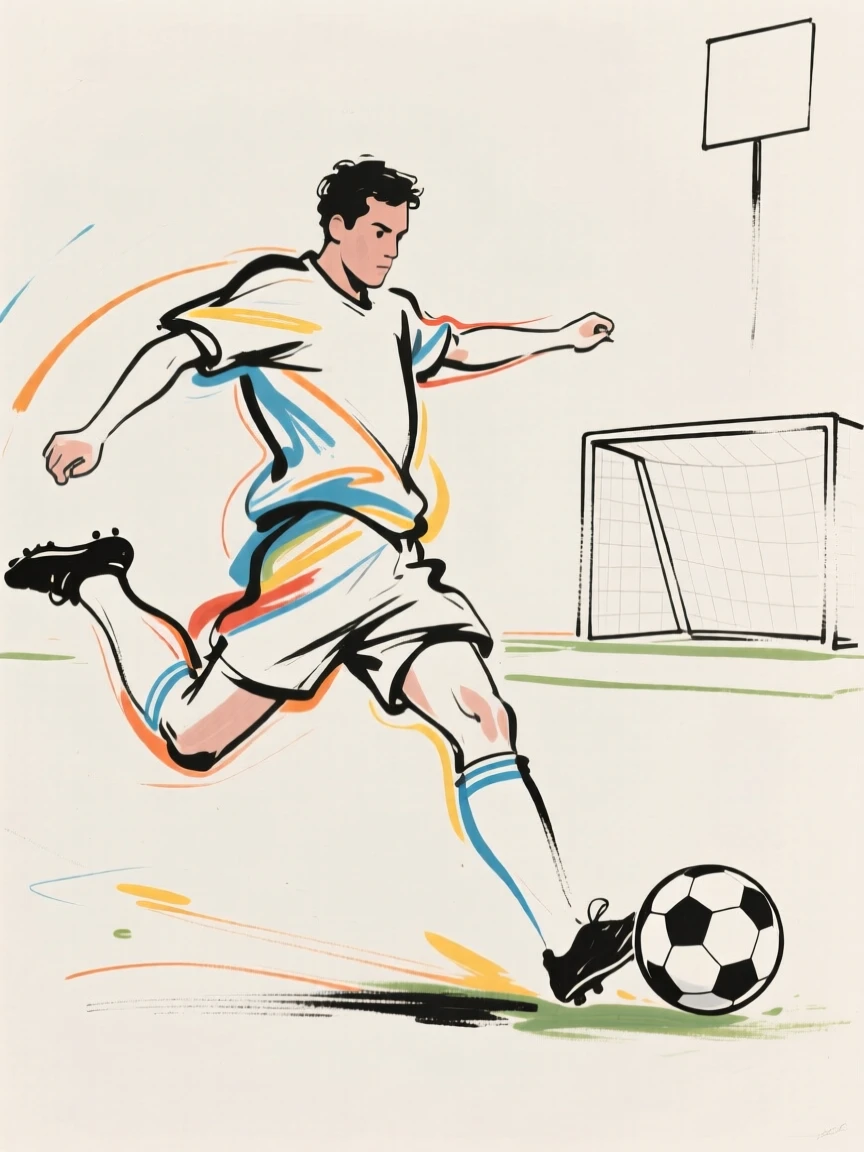 A soccer player kicking a ball toward the goal during a match.