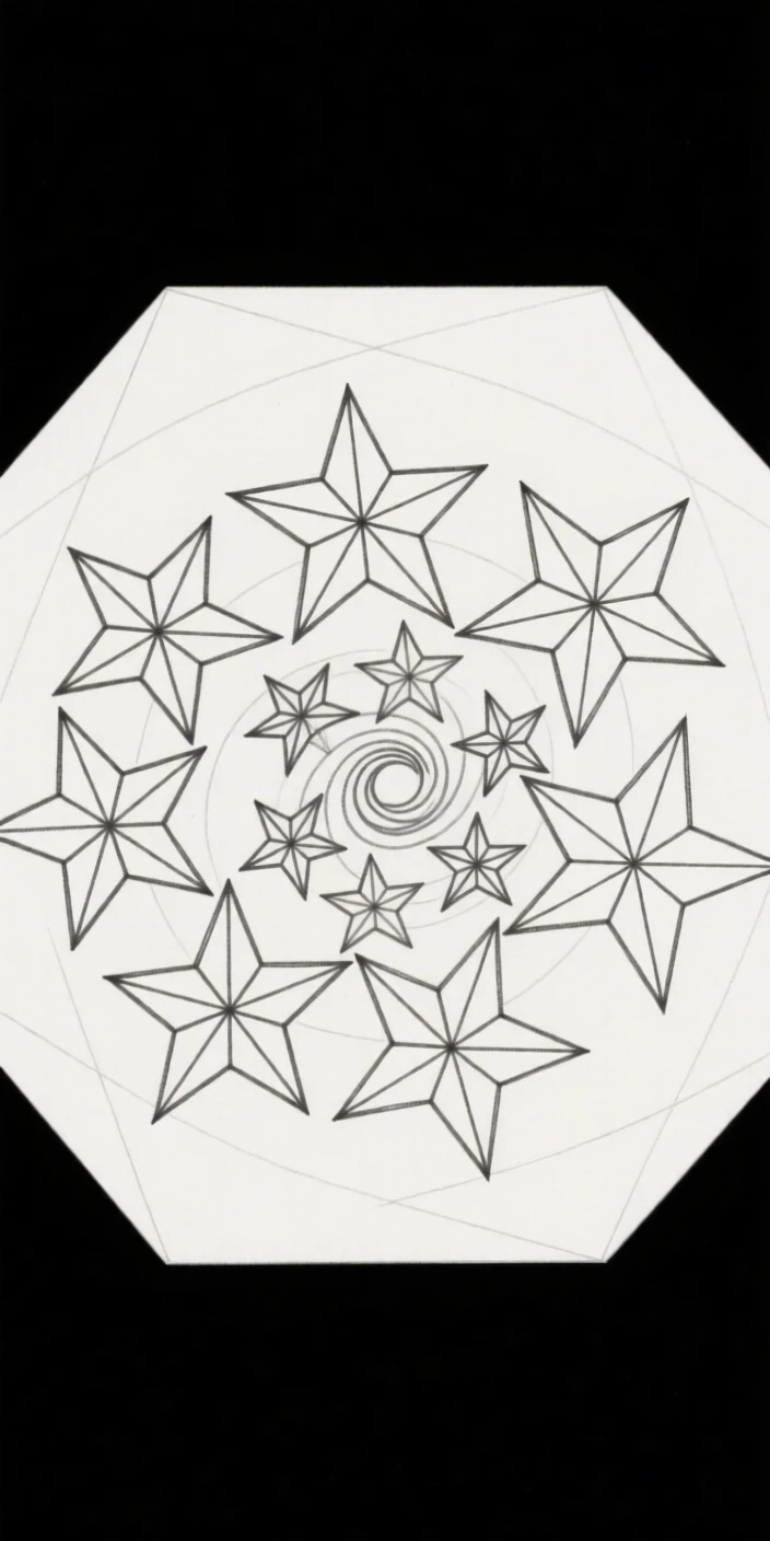A swirling arrangement of angular star shapes
