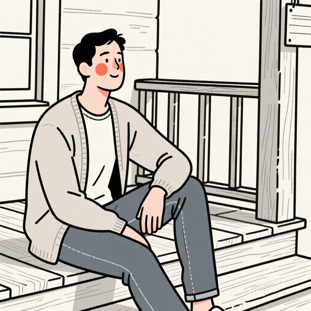 A newlywed man of Greek heritage in a soft cardigan and jeans, resting in calm stillness, on a rustic wooden porch.