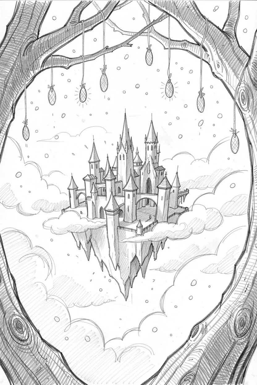 An epic fantasy scene of a floating city drifting among the clouds beneath branches strung with fireflies, with glowing spores floating like snow.