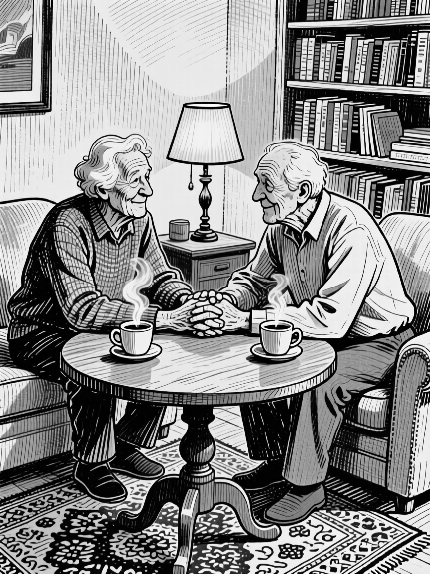 Two old friends sharing coffee at a small table within a warmly lit living room, with hands clasped warmly together, creating a wistfully sweet lifestyle scene.