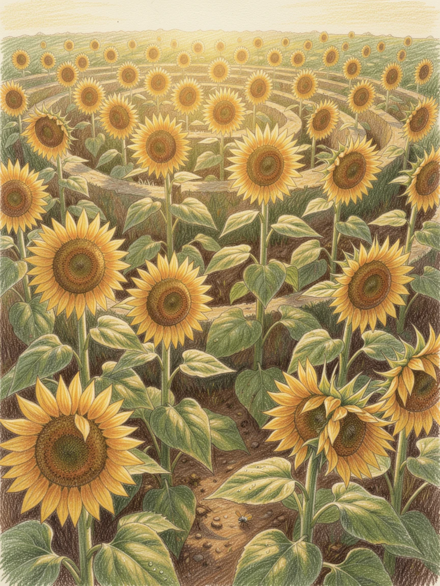 A sunflower maze glowing gold under the late summer sun, captured in a quiet, intimate moment full of atmosphere, evoking nostalgia and a deep sense of contentment.