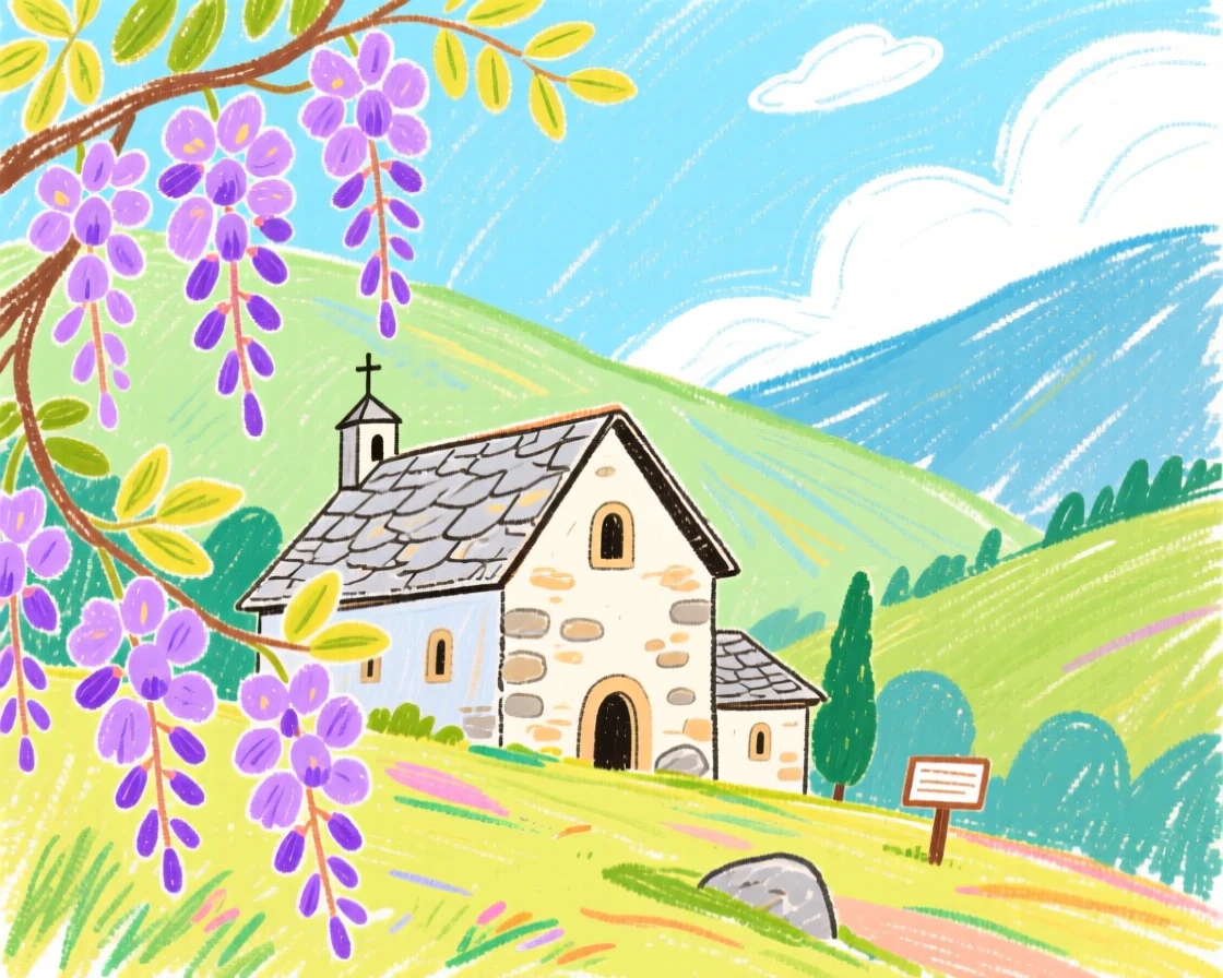 A mountain monastery surrounded by blooming wisteria vines.