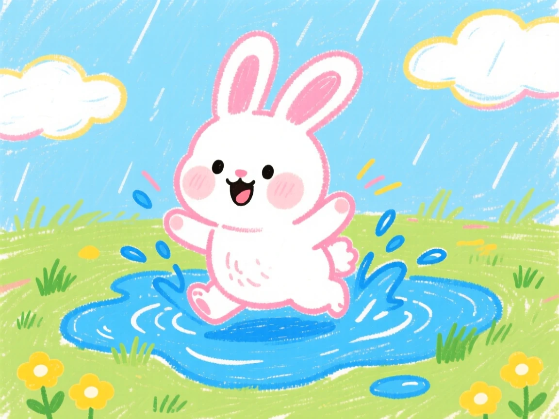 A soft baby bunny splashing in a shallow puddle after rain.