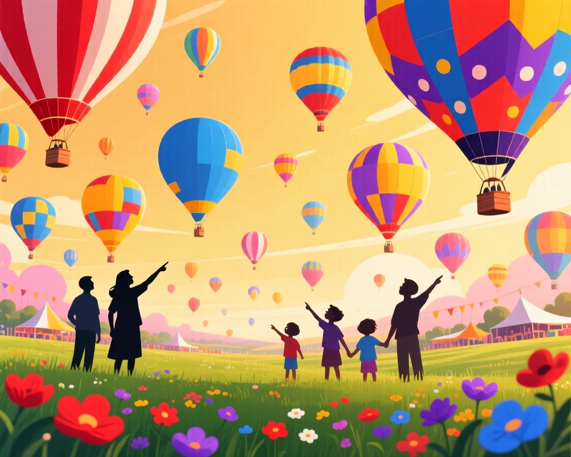 A colorful hot air balloon festival filling the morning sky, under a warm golden afternoon sky, arranged with vibrant foreground elements framing the view, with a joyful, adventurous atmosphere.