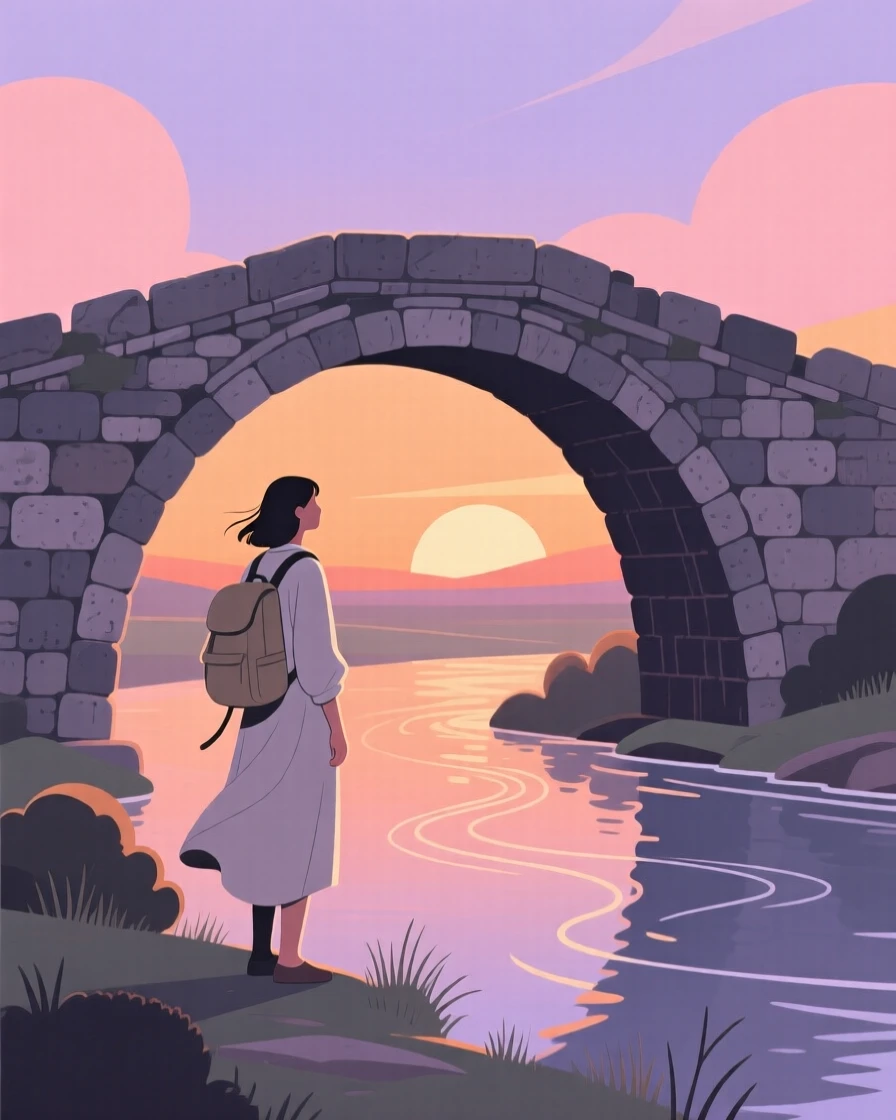 A traveler watching the sunset near an ancient stone bridge.