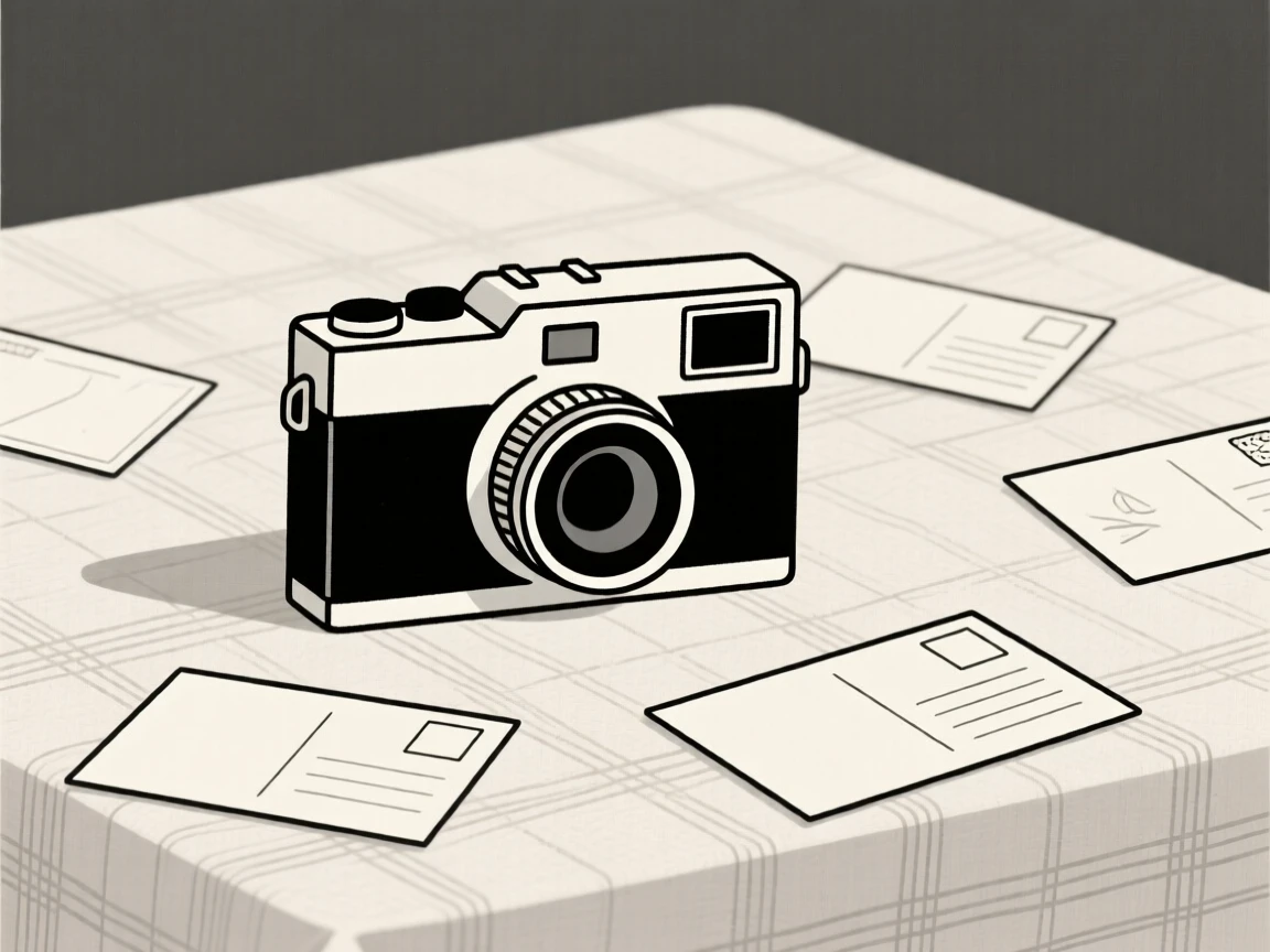 An old film camera resting on a linen tablecloth, surrounded by scattered postcards, evoking quiet curiosity.